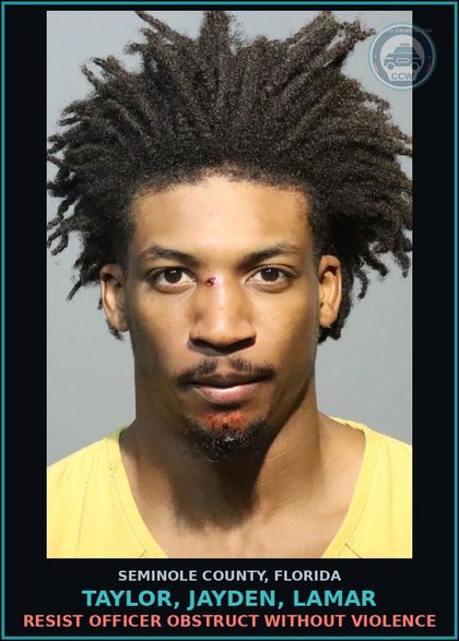 CCW arrest card for TAYLOR, JAYDEN, LAMAR in Seminole County: ATTACH REGISTRATION LICENSE PLATE NOT ASSIGNED