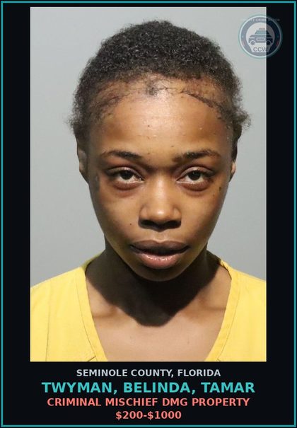 CCW arrest card for TWYMAN, BELINDA, TAMAR in Seminole County: CRIMINAL MISCHIEF DMG PROPERTY $200-$1000