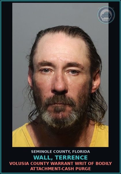CCW arrest card for WALL, TERRENCE in Seminole County: VOLUSIA COUNTY WARRANT WRIT OF BODILY ATTACHMENT-CASH PURGE
