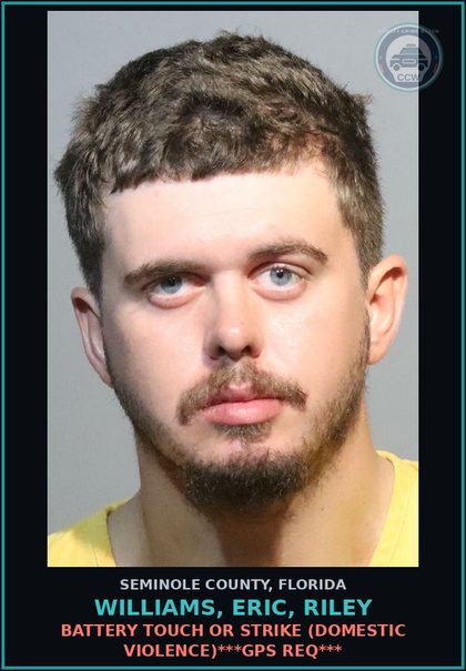 CCW arrest card for WILLIAMS, ERIC, RILEY in Seminole County: BATTERY TOUCH OR STRIKE (DOMESTIC VIOLENCE)***GPS REQ***