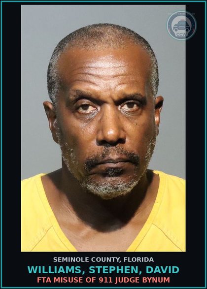CCW arrest card for WILLIAMS, STEPHEN, DAVID in Seminole County: FTA MISUSE OF 911 JUDGE BYNUM