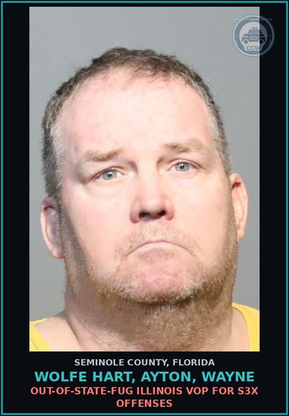 CCW arrest card for WOLFE HART, AYTON, WAYNE in Seminole County: OUT-OF-STATE-FUG ILLINOIS VOP FOR s3x OFFENSES