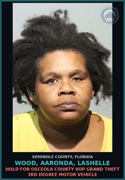 CCW arrest card for WOOD, AARONDA, LASHELLE in Seminole County: HOLD FOR OSCEOLA COUNTY VOP GRAND THEFT 3RD DEGREE MOTOR VEHICLE