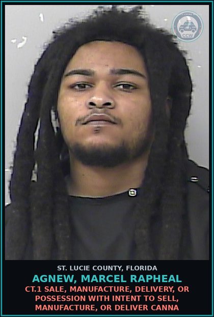 CCW arrest card for Agnew, Marcel Rapheal in St. Lucie County: Ct.1 Sale, Manufacture, Delivery, Or Possession With Intent To Sell, Manufacture, Or Deliver Canna