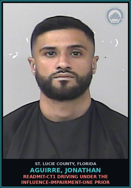 CCW arrest card for Aguirre, Jonathan in St. Lucie County: Readmit-ct1 Driving Under The Influence-impairment-one Prior