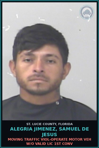 CCW arrest card for Alegria Jimenez, Samuel De Jesus in St. Lucie County: Moving Traffic Viol-operate Motor Veh W/o Valid Lic 1st Conv