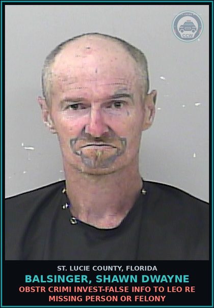 CCW arrest card for Balsinger, Shawn Dwayne in St. Lucie County: Obstr Crimi Invest-false Info To Leo Re Missing Person Or Felony