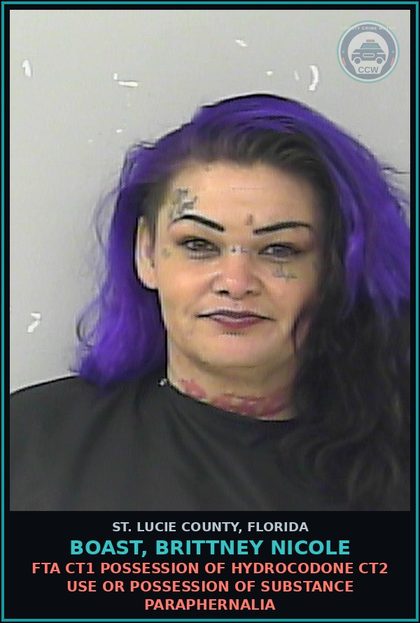 CCW arrest card for Boast, Brittney Nicole in St. Lucie County: Fta Ct1 Possession Of Hydrocodone Ct2 Use Or Possession Of Drug Paraphernalia
