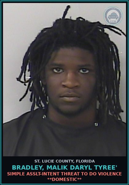 CCW arrest card for Bradley, Malik Daryl Tyree' in St. Lucie County: Simple Asslt-intent Threat To Do Violence **domestic**