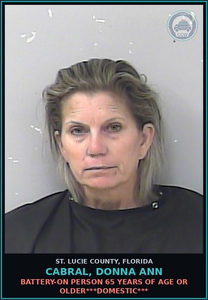 CCW arrest card for Cabral, Donna Ann in St. Lucie County: Battery-on Person 65 Years Of Age Or Older***domestic***