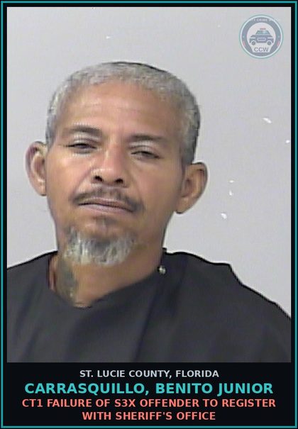 CCW arrest card for Carrasquillo, Benito Junior in St. Lucie County: Ct1 Failure Of s3x Offender To Register With Sheriff's Office