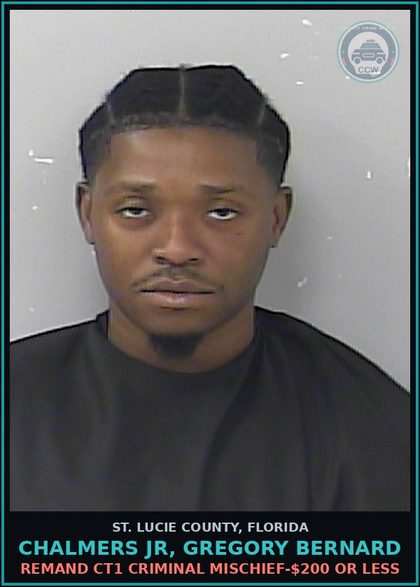 CCW arrest card for Chalmers Jr, Gregory Bernard in St. Lucie County: Remand Ct1 Criminal Mischief-$200 Or Less