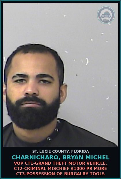 CCW arrest card for Charnicharo, Bryan Michel in St. Lucie County: Vop Ct1-grand Theft Motor Vehicle, Ct2-criminal Mischief $1000 Pr More Ct3-possession Of Burgalry Tools