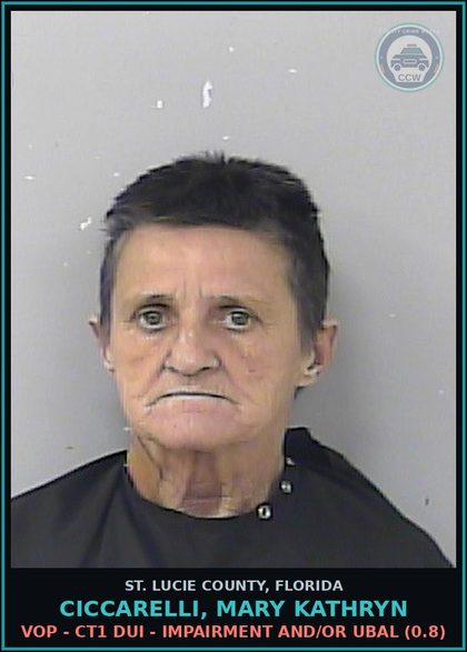 CCW arrest card for Ciccarelli, Mary Kathryn in St. Lucie County: Vop - Ct1 Dui - Impairment And/or Ubal (0.8)