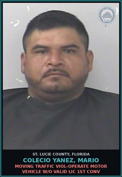 CCW arrest card for Colecio Yanez, Mario in St. Lucie County: Moving Traffic Viol-operate Motor Vehicle W/o Valid Lic 1st Conv