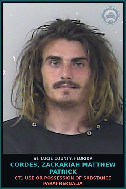 CCW arrest card for Cordes, Zackariah Matthew Patrick in St. Lucie County: Ct1 Use Or Possession Of Drug Paraphernalia