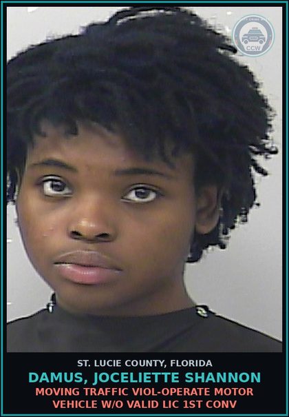 CCW arrest card for Damus, Joceliette Shannon in St. Lucie County: Moving Traffic Viol-operate Motor Vehicle W/o Valid Lic 1st Conv