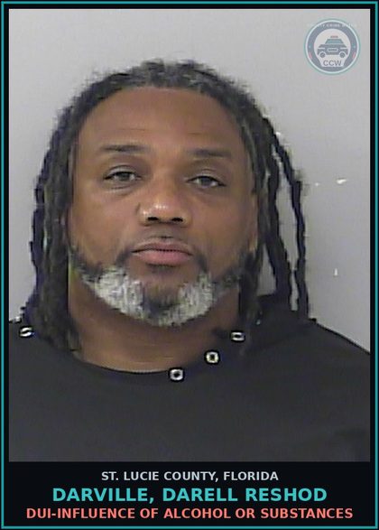 CCW arrest card for Darville, Darell Reshod in St. Lucie County: Dui-influence Of Alcohol Or Drugs