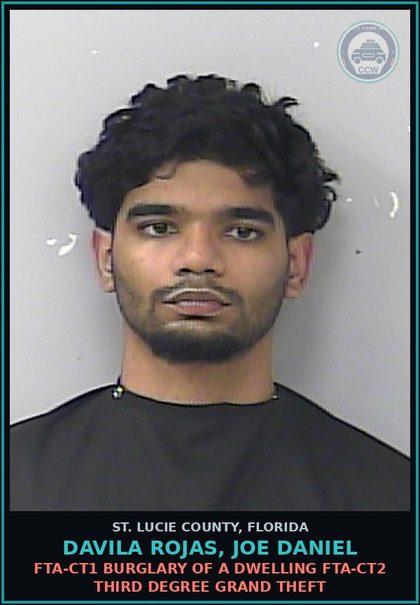 CCW arrest card for Davila Rojas, Joe Daniel in St. Lucie County: Fta-ct1 Burglary Of A Dwelling Fta-ct2 Third Degree Grand Theft