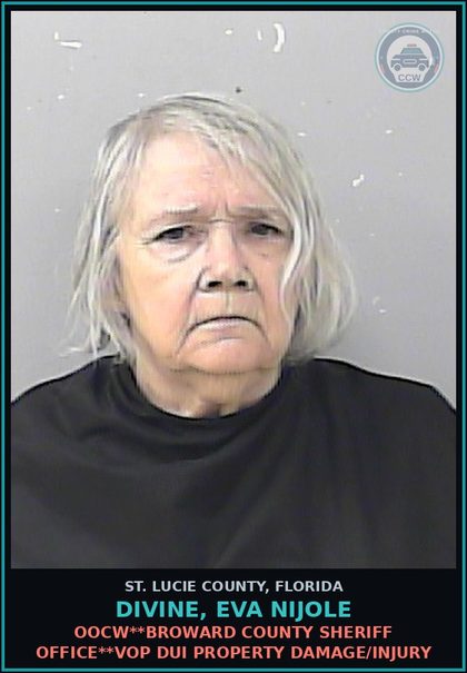 CCW arrest card for Divine, Eva Nijole in St. Lucie County: Oocw**broward County Sheriff Office**vop Dui Property Damage/injury