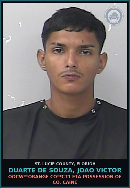 CCW arrest card for Duarte De Souza, Joao Victor in St. Lucie County: Oocw**orange Co**ct1 Fta Possession Of Cocaine