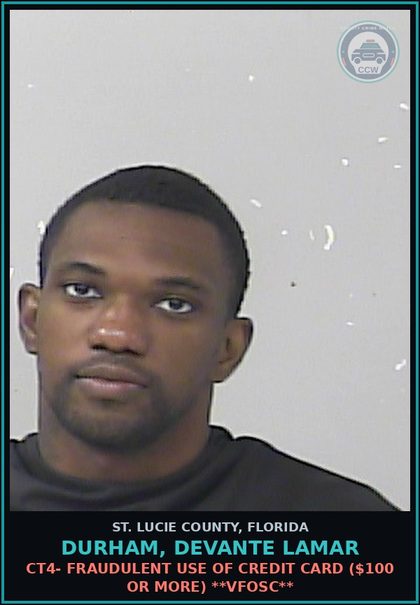 CCW arrest card for Durham, Devante Lamar in St. Lucie County: Ct1- Felony Petit Theft ** Vfosc**