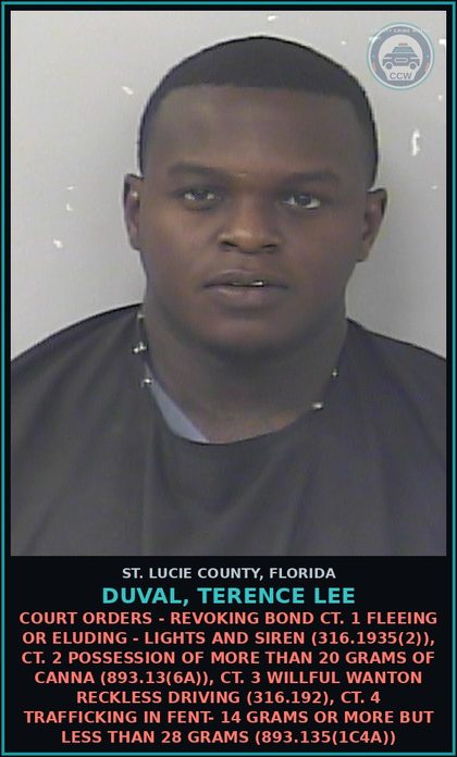 CCW arrest card for Duval, Terence Lee in St. Lucie County: Bob- Flee And Elude Lights Siren Active // 07/23/2024 /// $50,000 // As50k-148016 // Barnett Bail Bonds