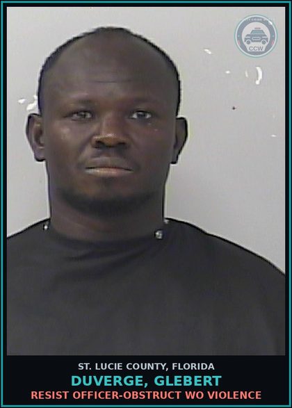 CCW arrest card for Duverge, Glebert in St. Lucie County: Resist Officer-obstruct Wo Violence
