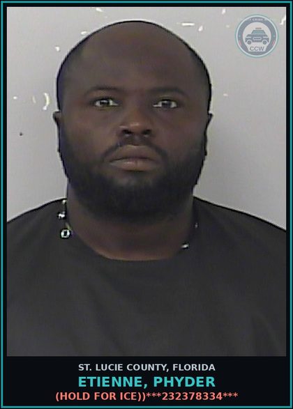 CCW arrest card for Etienne, Phyder in St. Lucie County: (hold For Ice))***232378334***