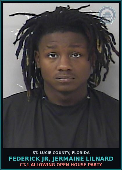 CCW arrest card for Federick Jr, Jermaine Lilnard in St. Lucie County: Ct.1 Allowing Open House Party