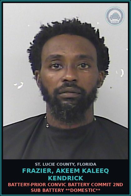 CCW arrest card for Frazier, Akeem Kaleeq Kendrick in St. Lucie County: Battery-prior Convic Battery Commit 2nd Sub Battery **domestic**