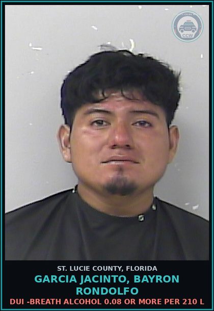 CCW arrest card for Garcia Jacinto, Bayron Rondolfo in St. Lucie County: Moving Traffic Viol-operate Motor Veh W/o Valid Lic 1st Conv