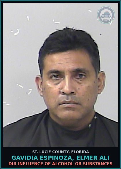 CCW arrest card for Gavidia Espinoza, Elmer Ali in St. Lucie County: Dui Influence Of Alcohol Or Drugs