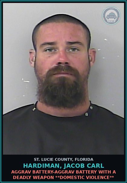 CCW arrest card for Hardiman, Jacob Carl in St. Lucie County: Aggrav Battery-aggrav Battery With A Deadly Weapon **domestic Violence**