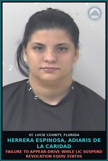 CCW arrest card for Herrera Espinosa, Adiaris De La Caridad in St. Lucie County: Failure To Appear-drive While Lic Suspend Revocation Equiv Status
