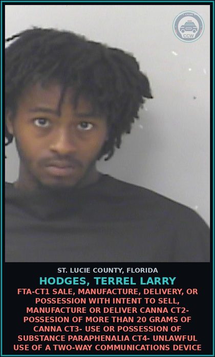 CCW arrest card for Hodges, Terrel Larry in St. Lucie County: Fta-ct1 Sale, Manufacture, Delivery, Or Possession With Intent To Sell, Manufacture Or Deliver Canna Ct2- Possesion Of More Than 20 Grams Of Canna Ct3- Use Or Possession Of Drug Paraphenalia Ct4- Unlawful Use Of A Two-way Communications Device