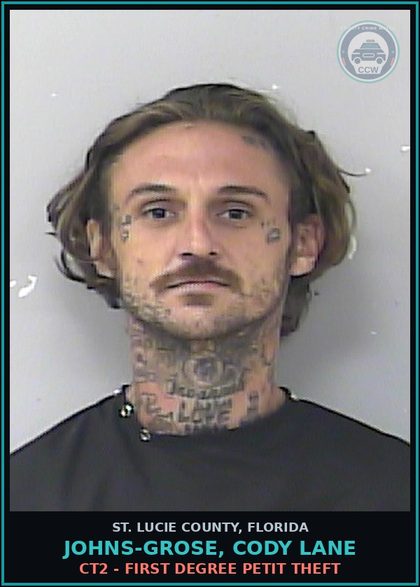 CCW arrest card for Johns-grose, Cody Lane in St. Lucie County: Ct1 - Uttering Forged Instrument