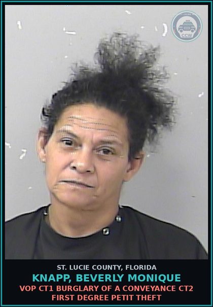CCW arrest card for Knapp, Beverly Monique in St. Lucie County: Vop Ct1 Burglary Of A Conveyance Ct2 First Degree Petit Theft