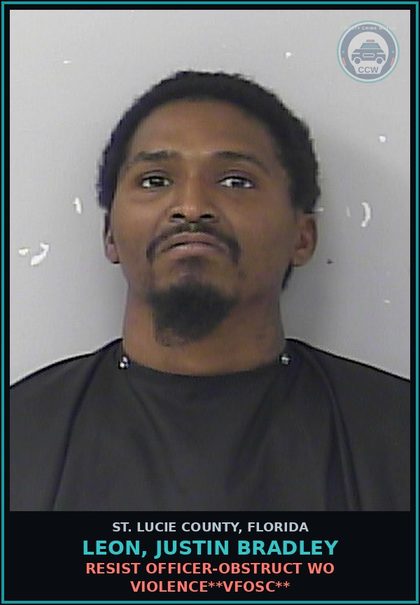 CCW arrest card for Leon, Justin Bradley in St. Lucie County: Resist Officer-obstruct Wo Violence**vfosc**