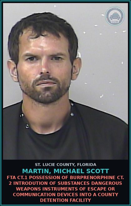 CCW arrest card for Martin, Michael Scott in St. Lucie County: Fta Ct.1 Possession Of Burprenorphine Ct. 2 Introdution Of Drugs Dangerous Weapons Instruments Of Escape Or Communication Devices Into A County Detention Facility
