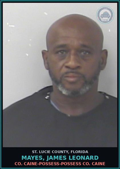 CCW arrest card for Mayes, James Leonard in St. Lucie County: Cocaine-possess-possess Cocaine
