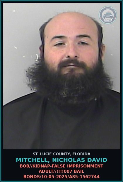 CCW arrest card for Mitchell, Nicholas David in St. Lucie County: Bob//kidnap-false Imprisonment Adult//!!!!007 Bail Bonds/10-05-2025/as5-1562744