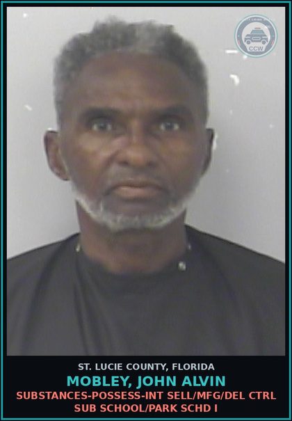 CCW arrest card for Mobley, John Alvin in St. Lucie County: Drugs-possess-int Sell/mfg/del Ctrl Sub School/park Schd I