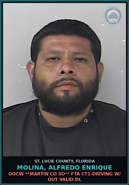CCW arrest card for Molina, Alfredo Enrique in St. Lucie County: Oocw **martin Co So** Fta Ct1-driving W/ Out Valid Dl