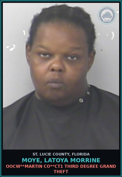 CCW arrest card for Moye, Latoya Morrine in St. Lucie County: Oocw**martin Co**ct1 Third Degree Grand Theft