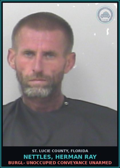 CCW arrest card for Nettles, Herman Ray in St. Lucie County: Burgl- Unoccupied Conveyance Unarmed