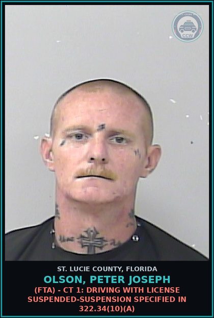 CCW arrest card for Olson, Peter Joseph in St. Lucie County: (fta) - Ct 1: Driving With License Suspended-suspension Specified In 322.34(10)(a)