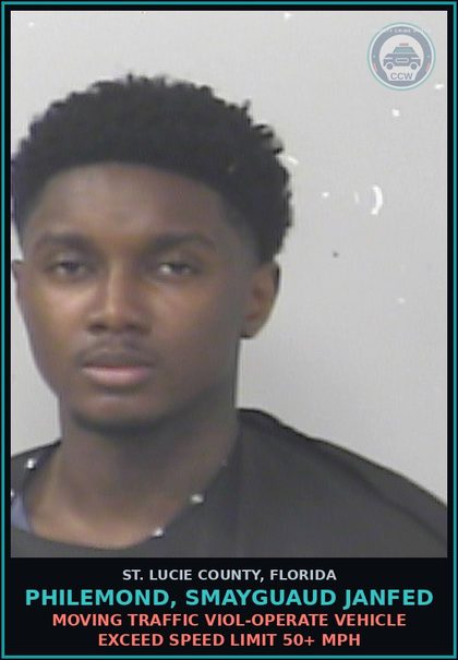 CCW arrest card for Philemond, Smayguaud Janfed in St. Lucie County: Moving Traffic Viol-operate Vehicle Exceed Speed Limit 50+ Mph