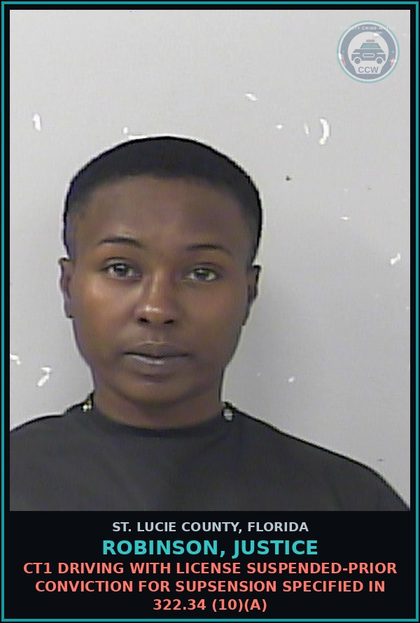 CCW arrest card for Robinson, Justice in St. Lucie County: Ct1 Driving With License Suspended-prior Conviction For Supsension Specified In 322.34 (10)(a)