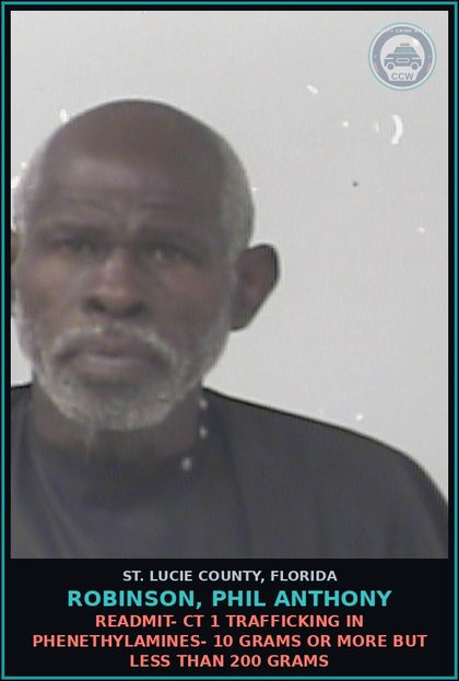 CCW arrest card for Robinson, Phil Anthony in St. Lucie County: Readmit- Ct 1 Trafficking In Phenethylamines- 10 Grams Or More But Less Than 200 Grams